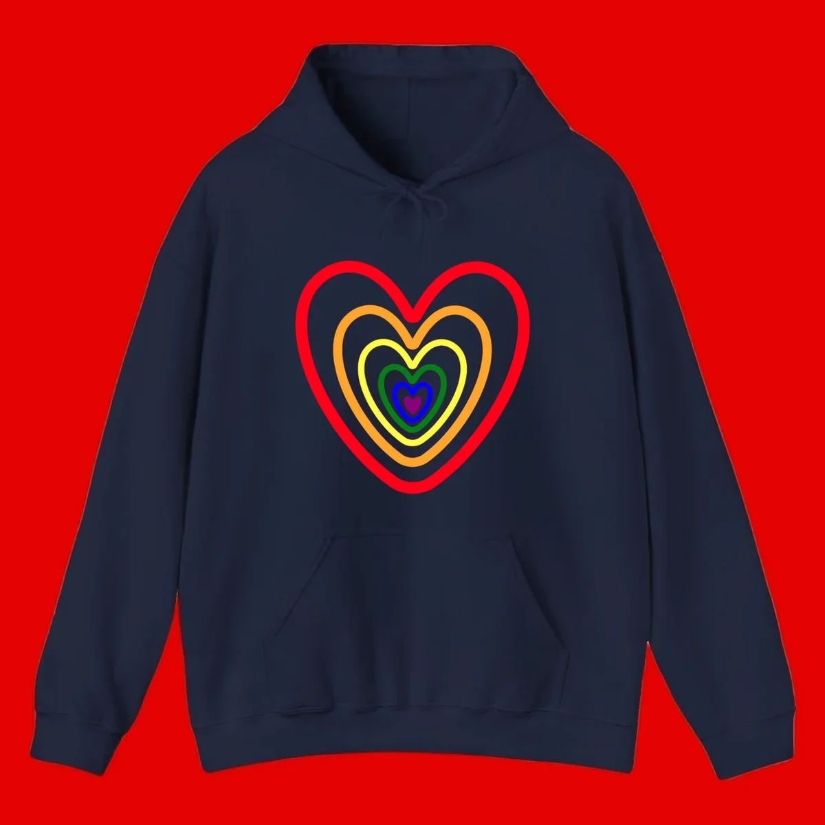 Five nested rainbow heart outlines in red, orange, yellow, green, blue, and purple with a solid purple center heart on gray background
