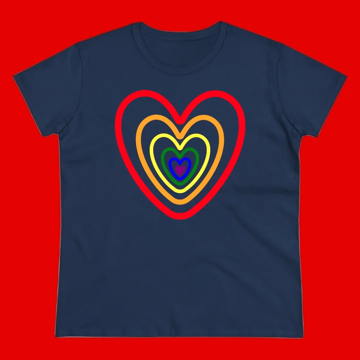 Five nested rainbow heart outlines in red, orange, yellow, green, blue, and purple with a solid purple center heart on gray background