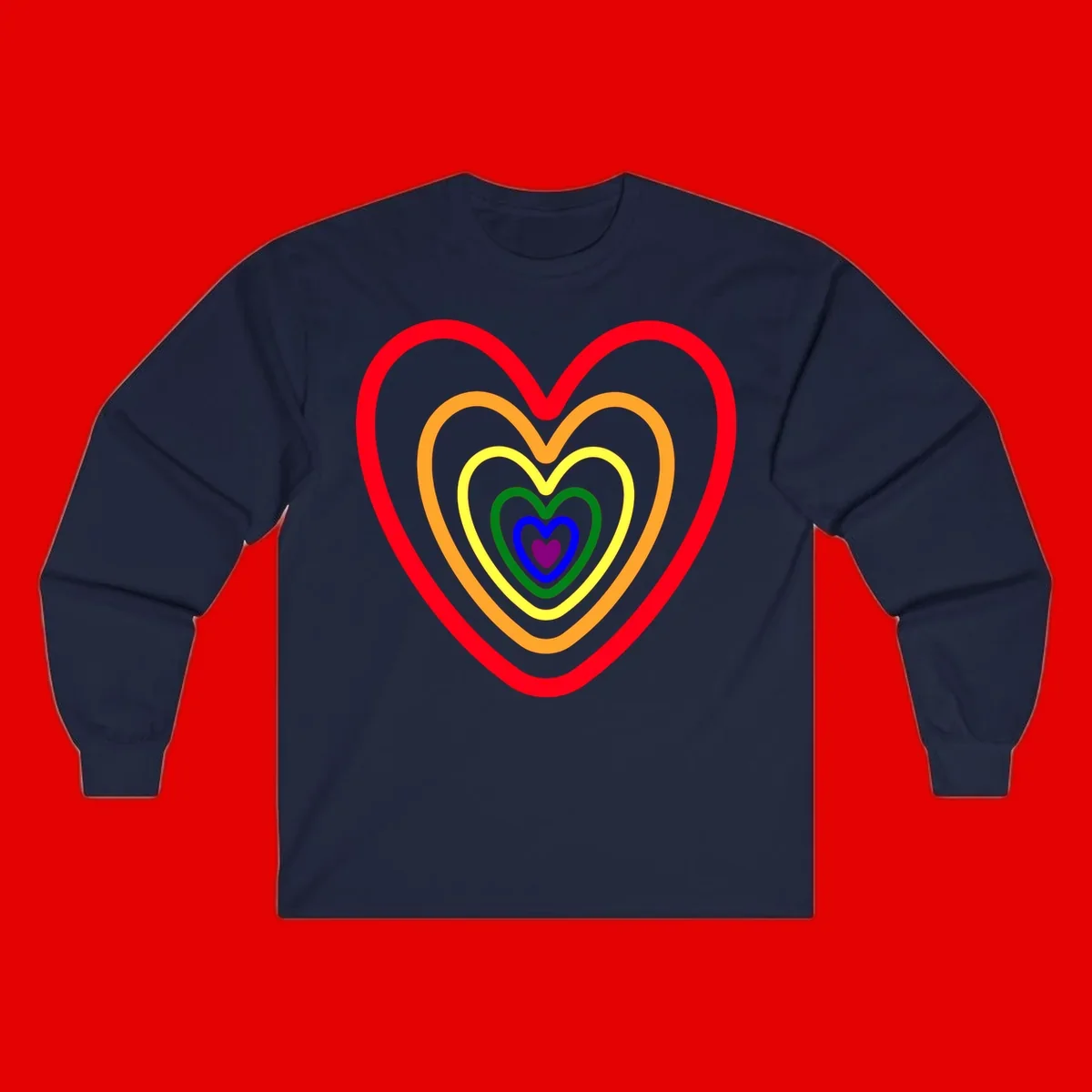 Five nested rainbow heart outlines in red, orange, yellow, green, blue, and purple with a solid purple center heart on gray background
