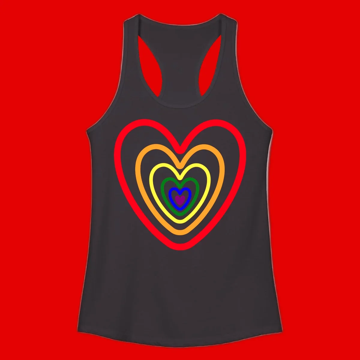 Five nested rainbow heart outlines in red, orange, yellow, green, blue, and purple with a solid purple center heart on gray background