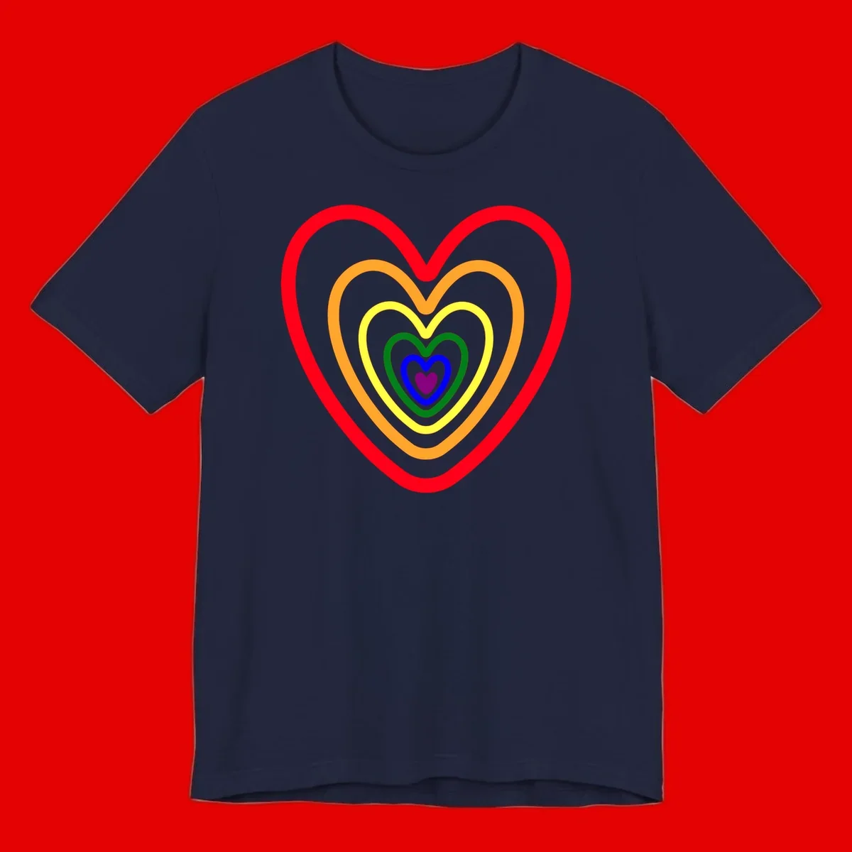 Five nested rainbow heart outlines in red, orange, yellow, green, blue, and purple with a solid purple center heart on gray background