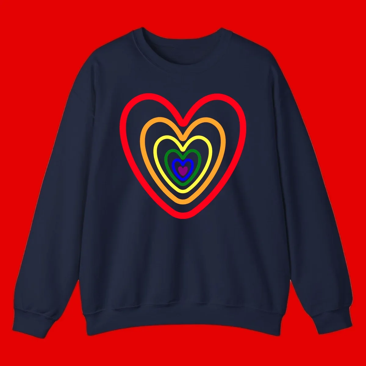 Five nested rainbow heart outlines in red, orange, yellow, green, blue, and purple with a solid purple center heart on gray background