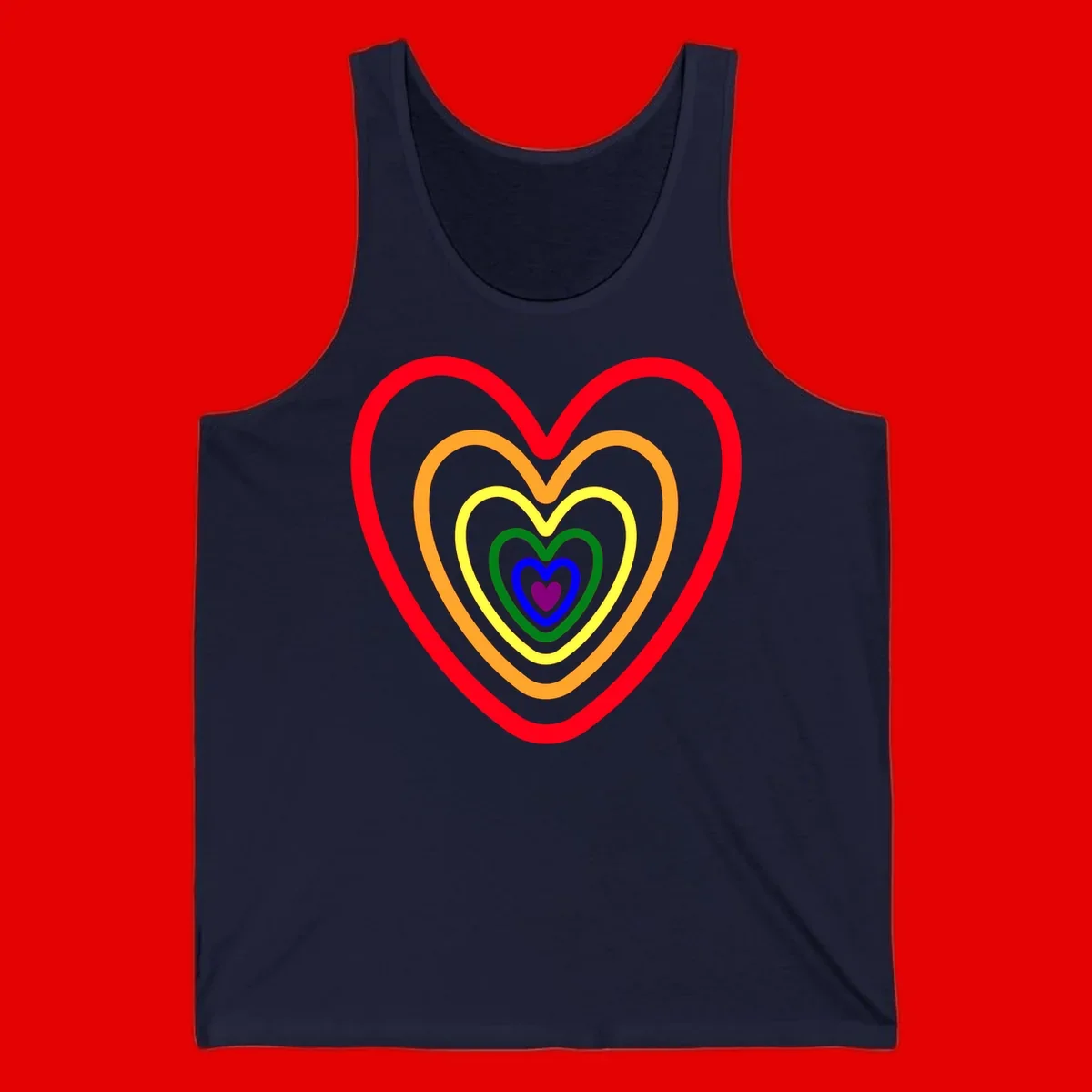 Five nested rainbow heart outlines in red, orange, yellow, green, blue, and purple with a solid purple center heart on gray background
