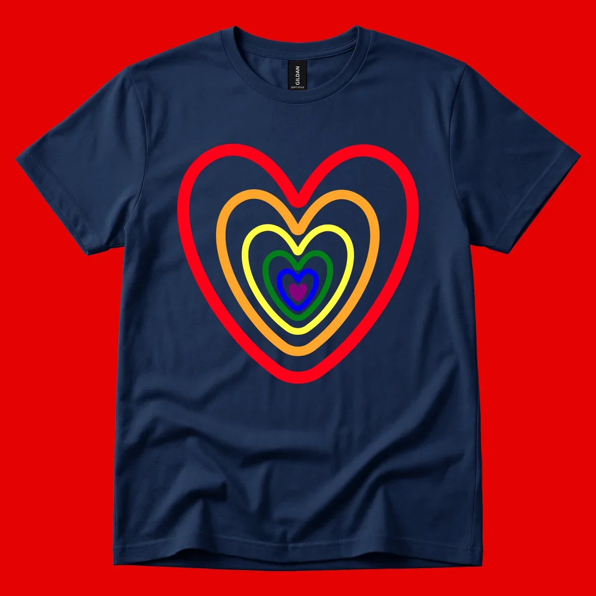 Five nested rainbow heart outlines in red, orange, yellow, green, blue, and purple with a solid purple center heart on gray background