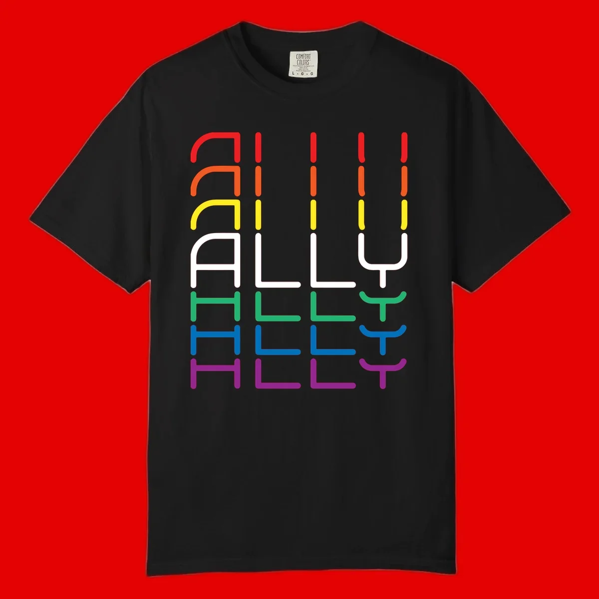 Rainbow pride seating chart design with colorful chair icons arranged in rows representing pride flag colors from red to purple