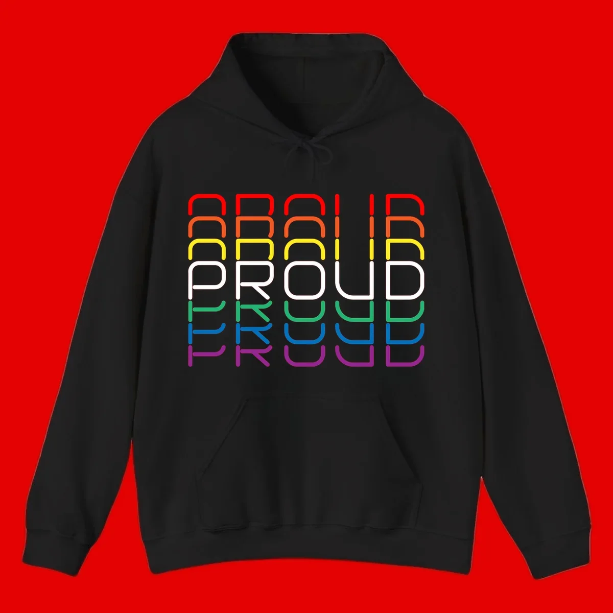 The word PROUD displayed in large rounded letters, each stacked layer colored in rainbow pride spectrum colors from red to purple