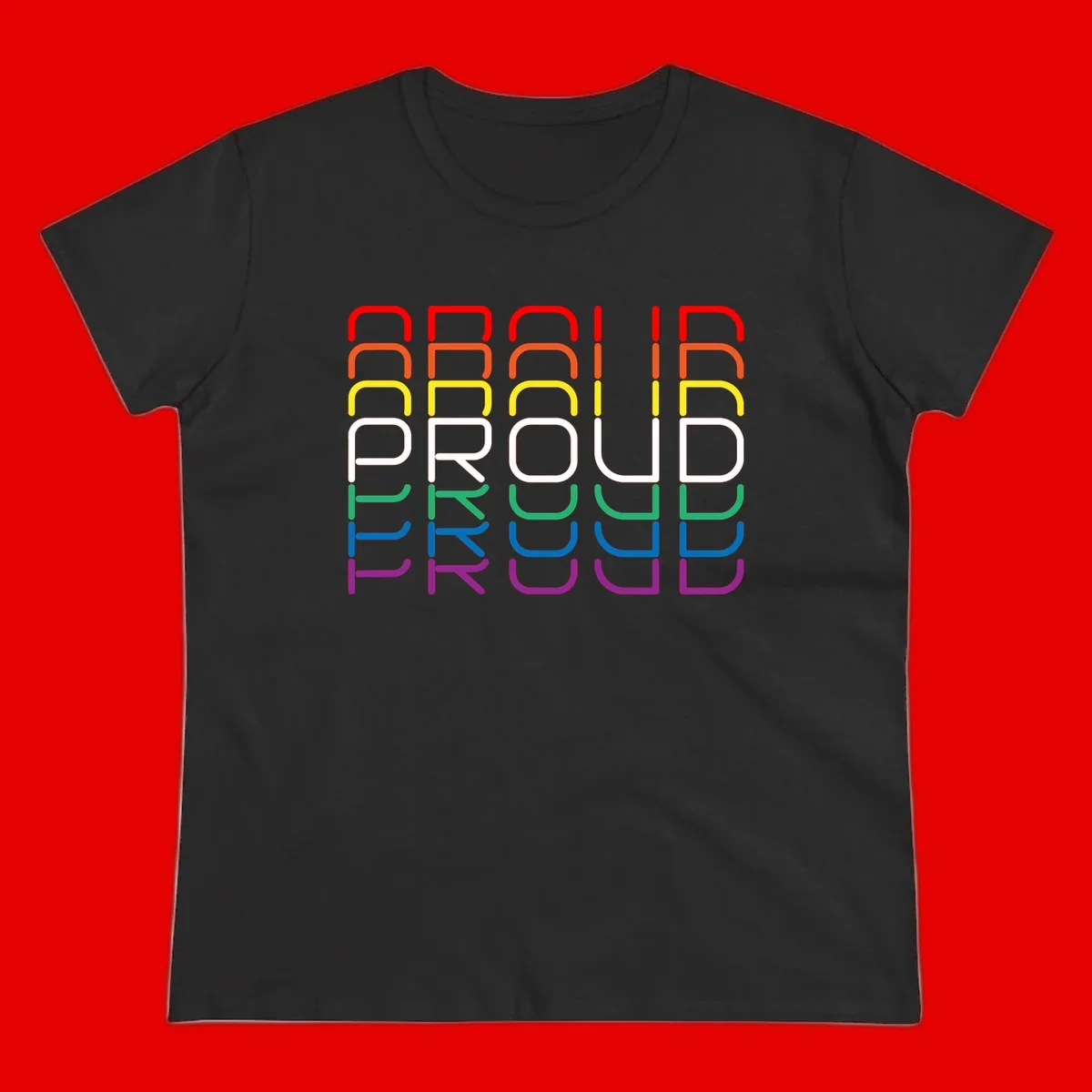 The word PROUD displayed in large rounded letters, each stacked layer colored in rainbow pride spectrum colors from red to purple