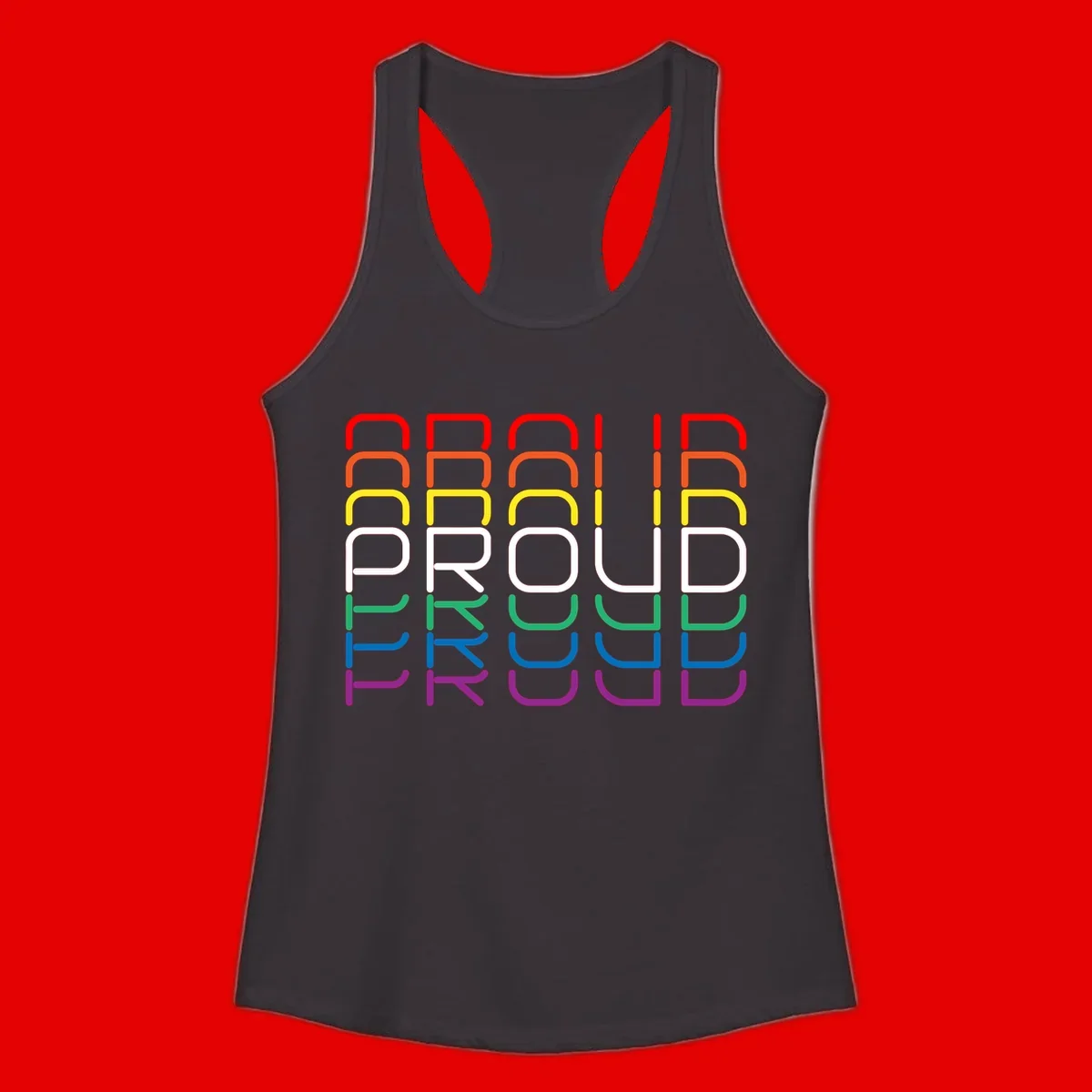 The word PROUD displayed in large rounded letters, each stacked layer colored in rainbow pride spectrum colors from red to purple