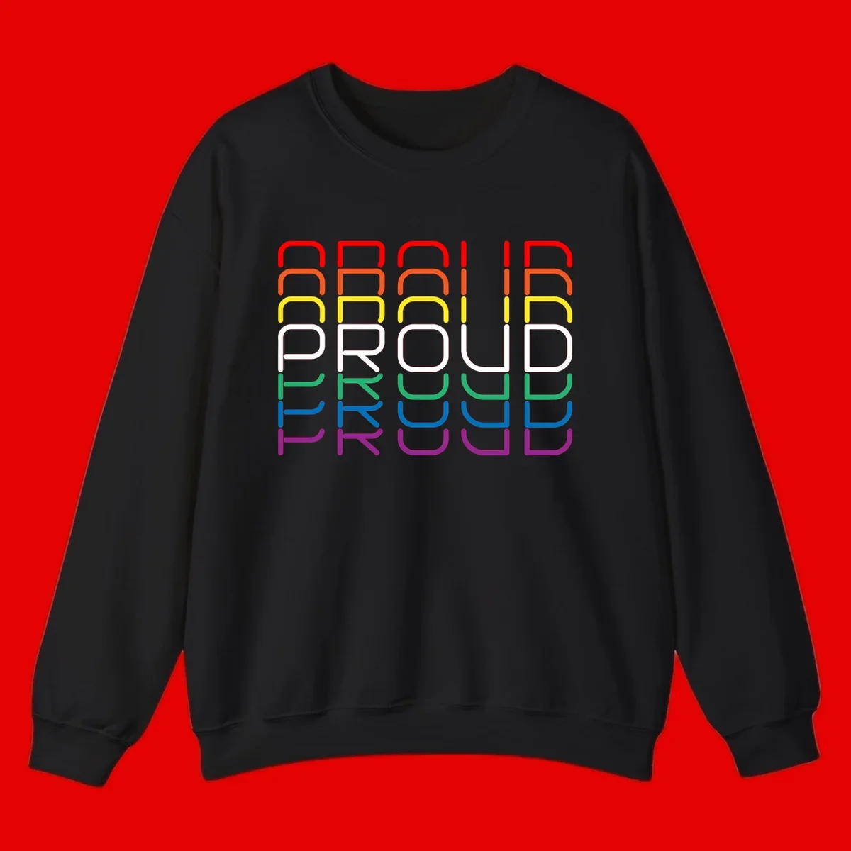 The word PROUD displayed in large rounded letters, each stacked layer colored in rainbow pride spectrum colors from red to purple