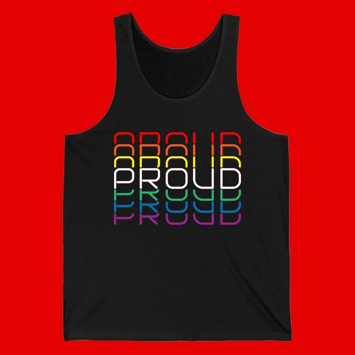 The word PROUD displayed in large rounded letters, each stacked layer colored in rainbow pride spectrum colors from red to purple