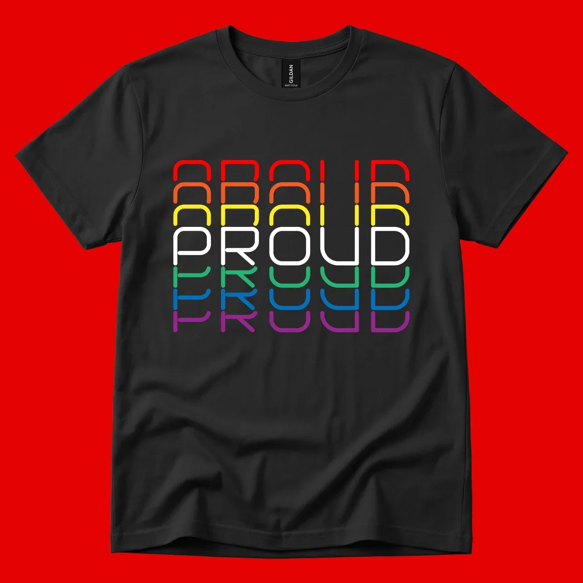 The word PROUD displayed in large rounded letters, each stacked layer colored in rainbow pride spectrum colors from red to purple