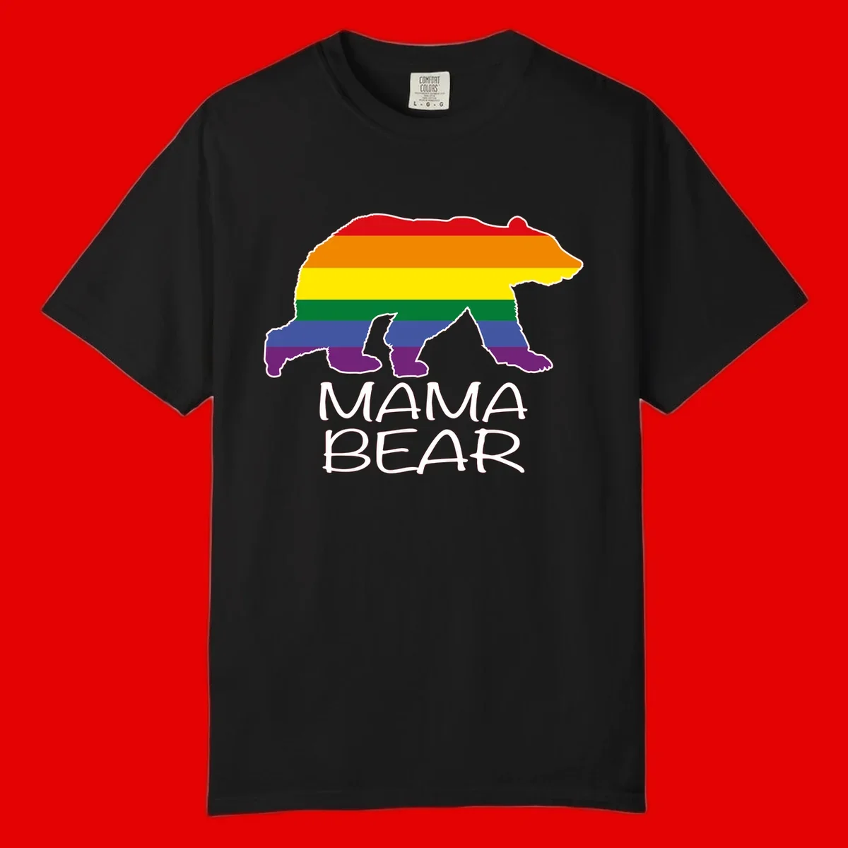 Mama bear silhouette with rainbow pride stripes and mountain details, with 'MAMA BEAR' text below