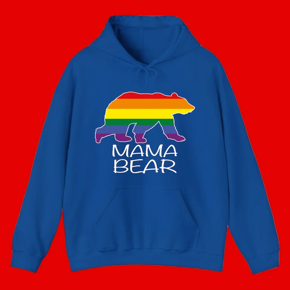 Mama bear silhouette with rainbow pride stripes and mountain details, with 'MAMA BEAR' text below