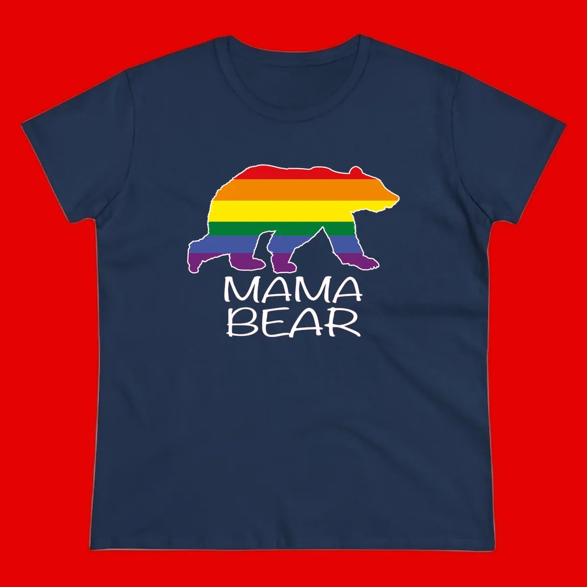 Mama bear silhouette with rainbow pride stripes and mountain details, with 'MAMA BEAR' text below