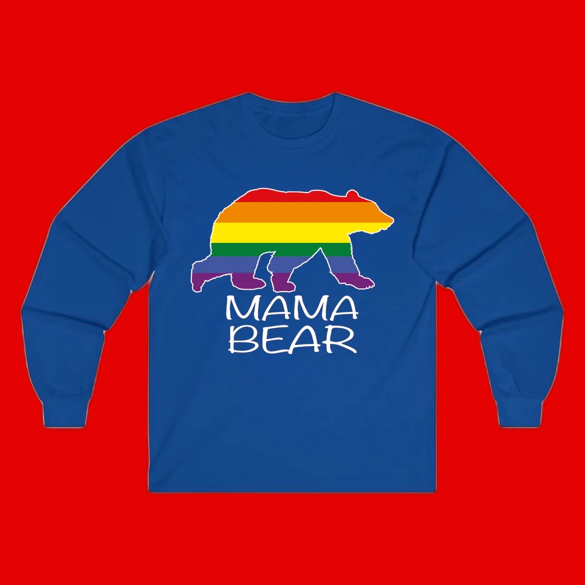 Mama bear silhouette with rainbow pride stripes and mountain details, with 'MAMA BEAR' text below