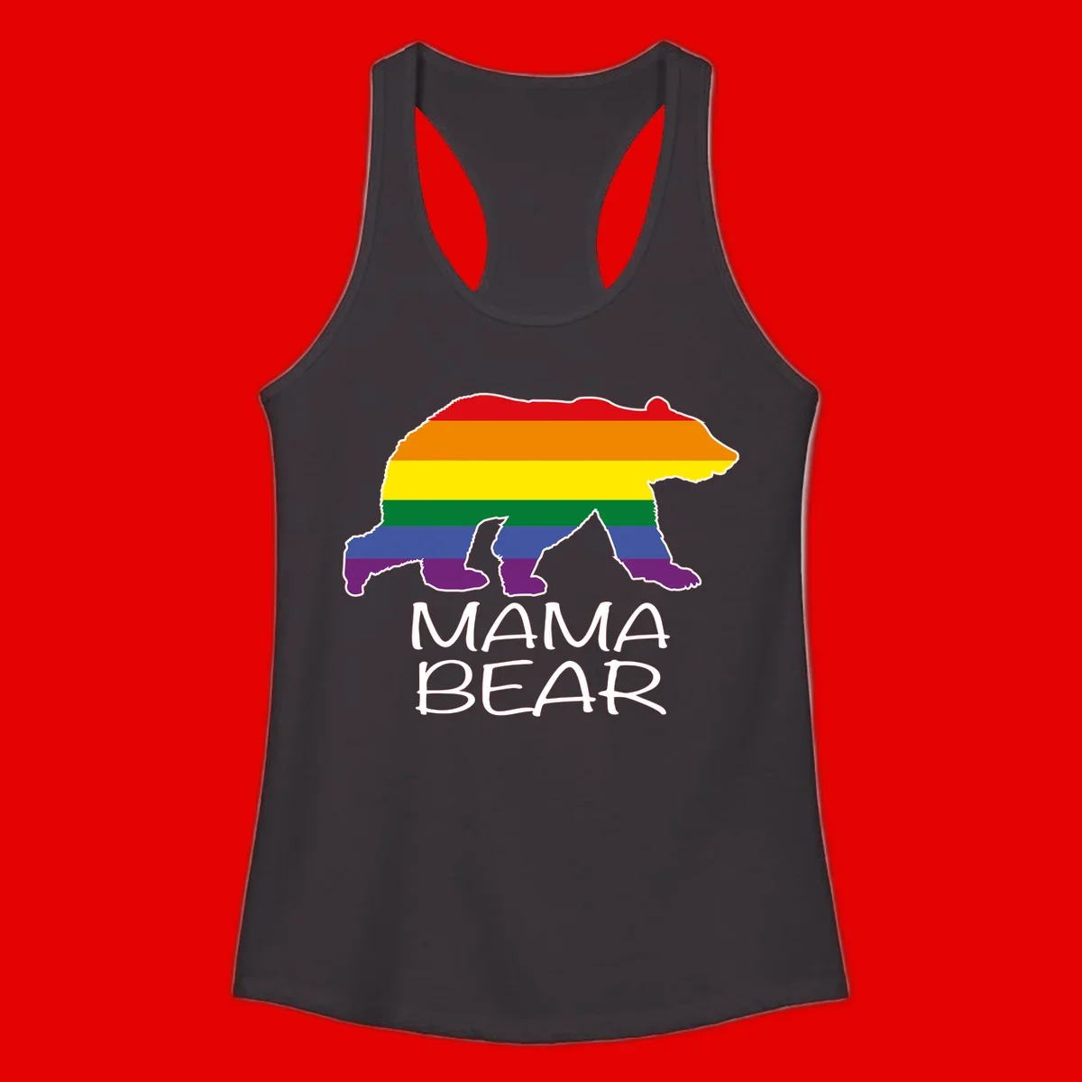 Mama bear silhouette with rainbow pride stripes and mountain details, with 'MAMA BEAR' text below