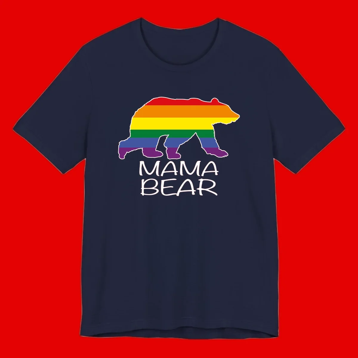 Mama bear silhouette with rainbow pride stripes and mountain details, with 'MAMA BEAR' text below