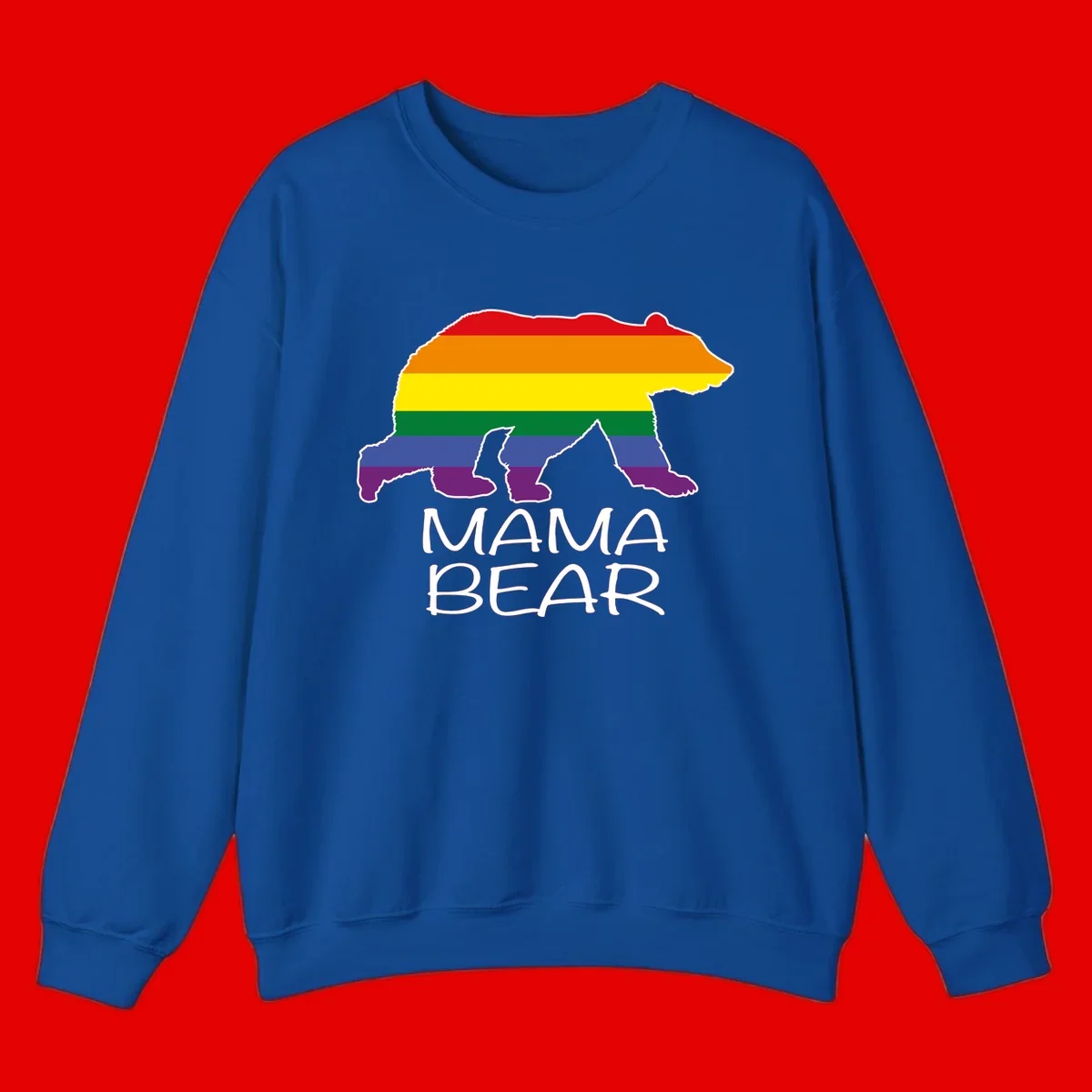 Mama bear silhouette with rainbow pride stripes and mountain details, with 'MAMA BEAR' text below