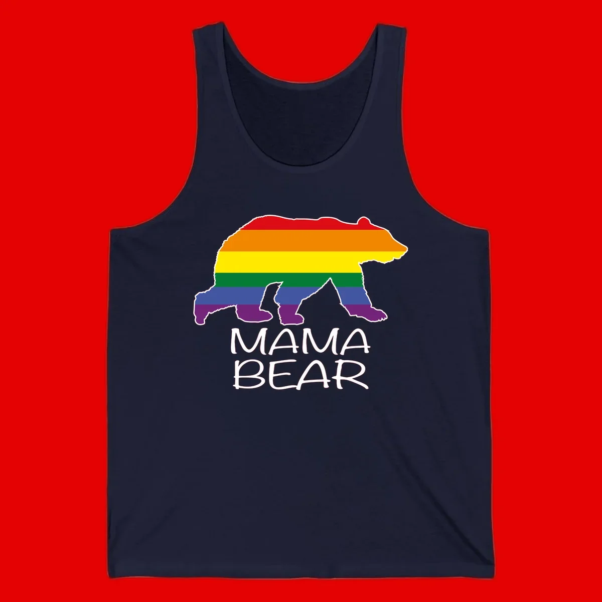 Mama bear silhouette with rainbow pride stripes and mountain details, with 'MAMA BEAR' text below