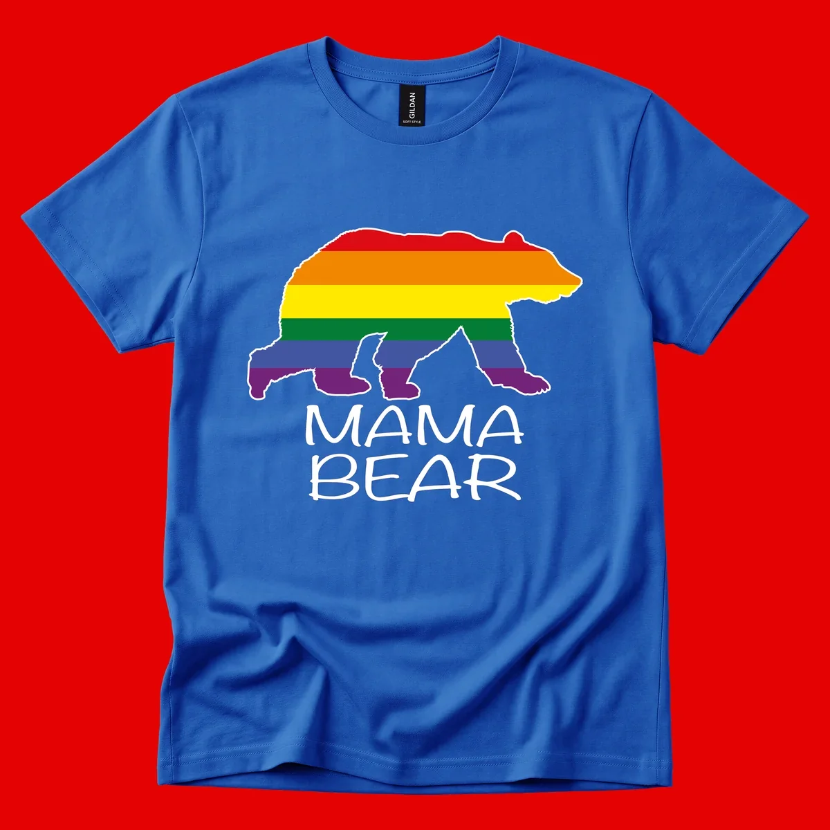 Mama bear silhouette with rainbow pride stripes and mountain details, with 'MAMA BEAR' text below