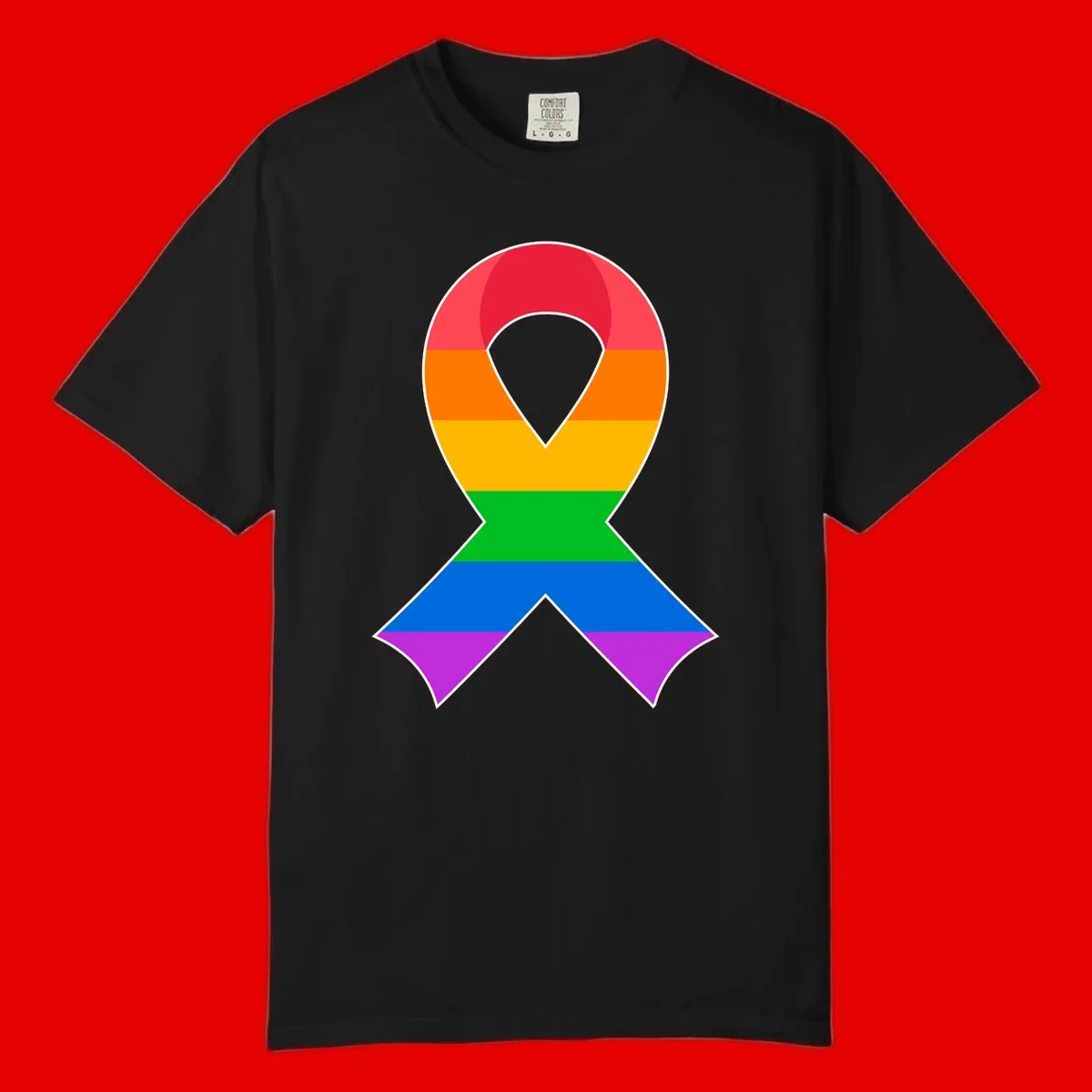 Rainbow pride awareness ribbon with horizontal stripes in red, orange, yellow, green, blue, and purple colors