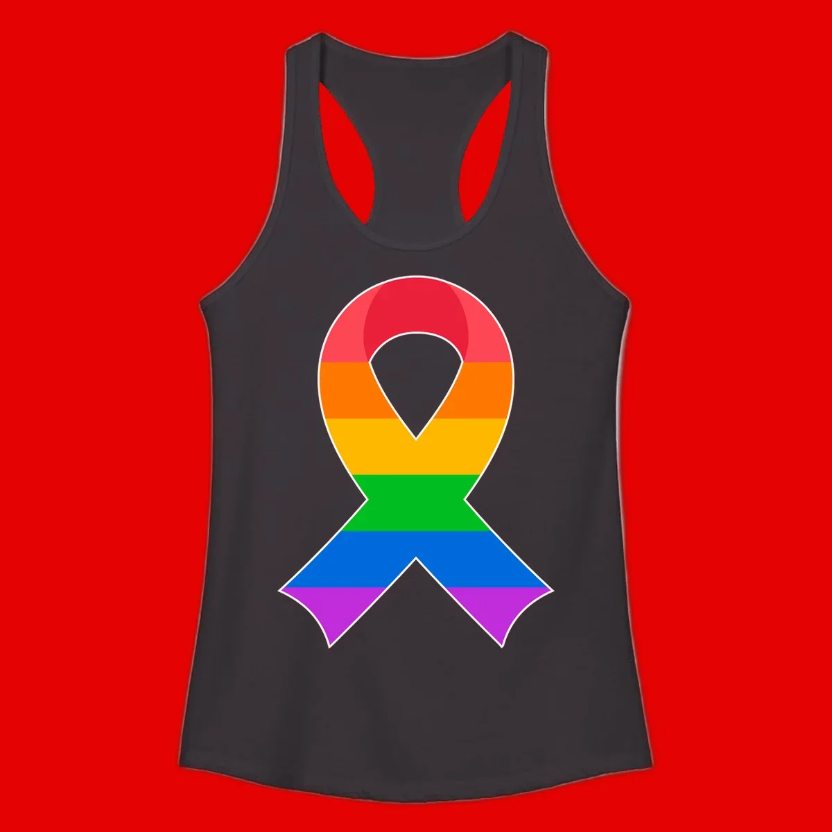 Rainbow pride awareness ribbon with horizontal stripes in red, orange, yellow, green, blue, and purple colors