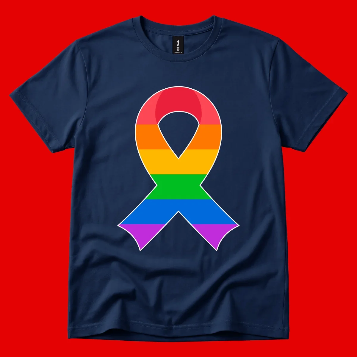 Rainbow pride awareness ribbon with horizontal stripes in red, orange, yellow, green, blue, and purple colors