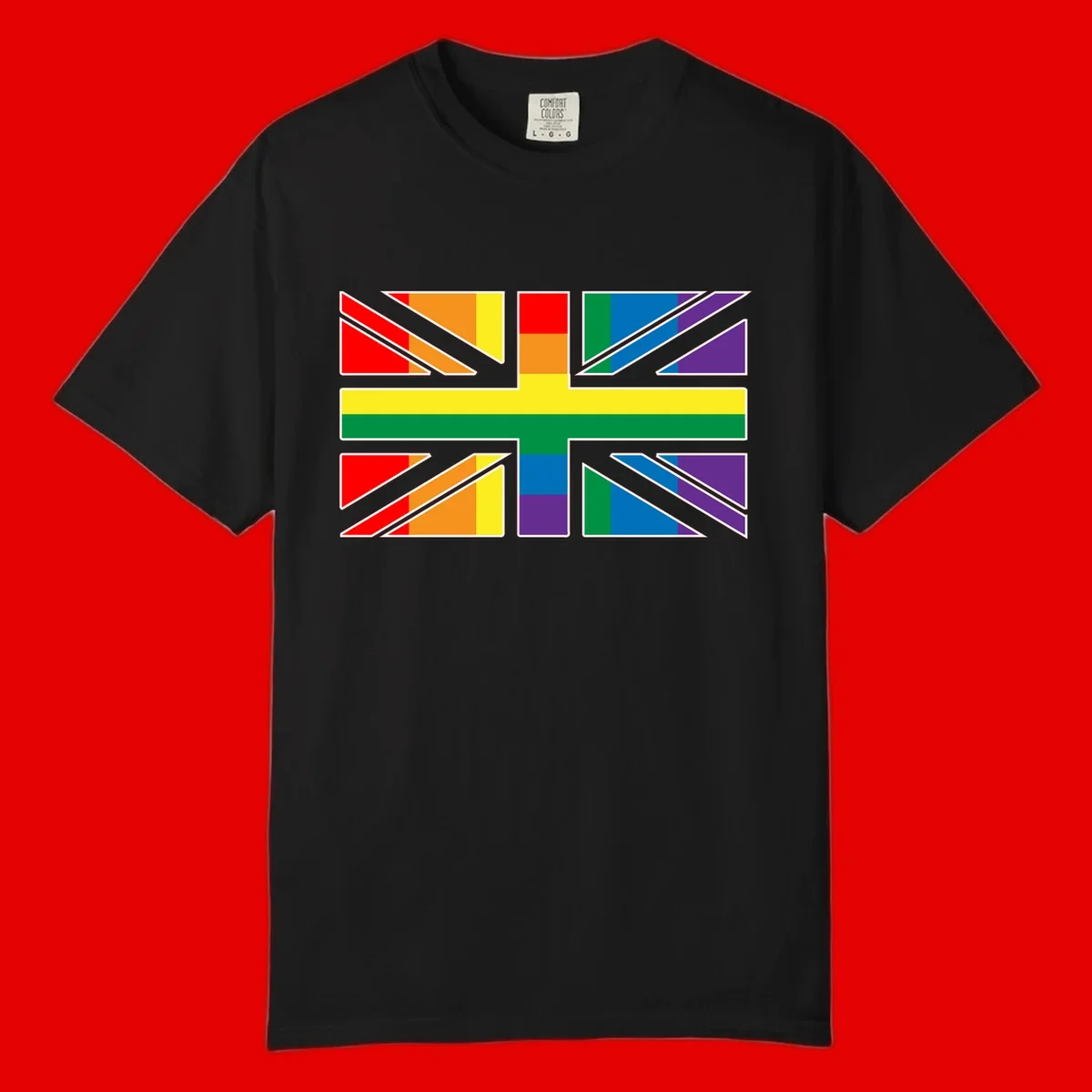 Pride geometric rainbow design with bold triangles and diagonal stripes in red, orange, yellow, green, blue, and purple
