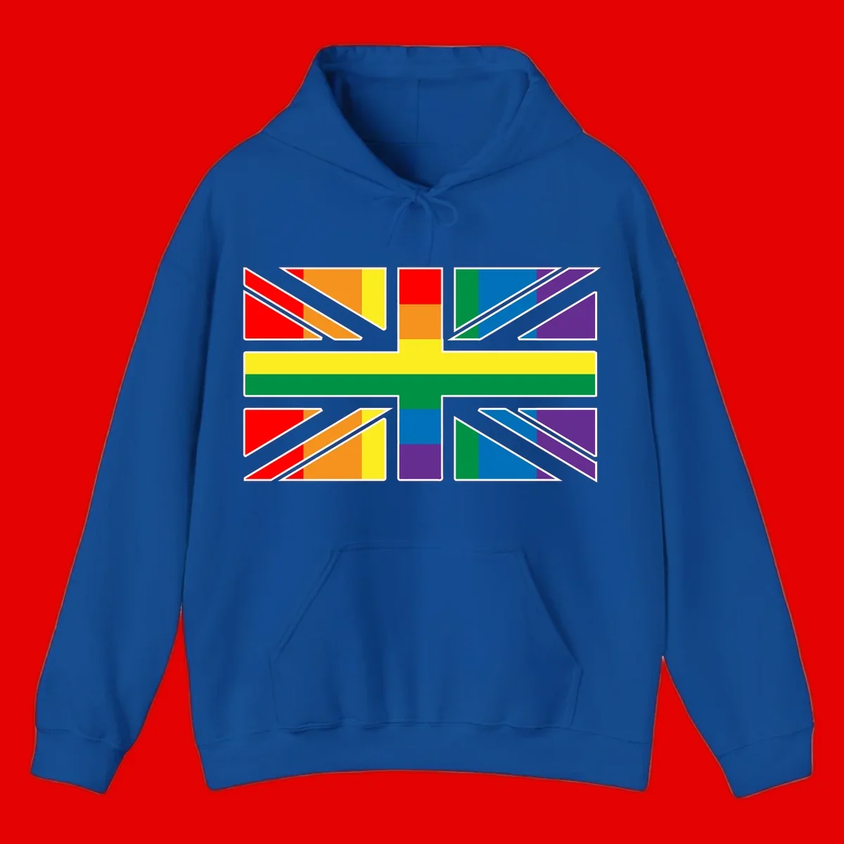 Pride geometric rainbow design with bold triangles and diagonal stripes in red, orange, yellow, green, blue, and purple