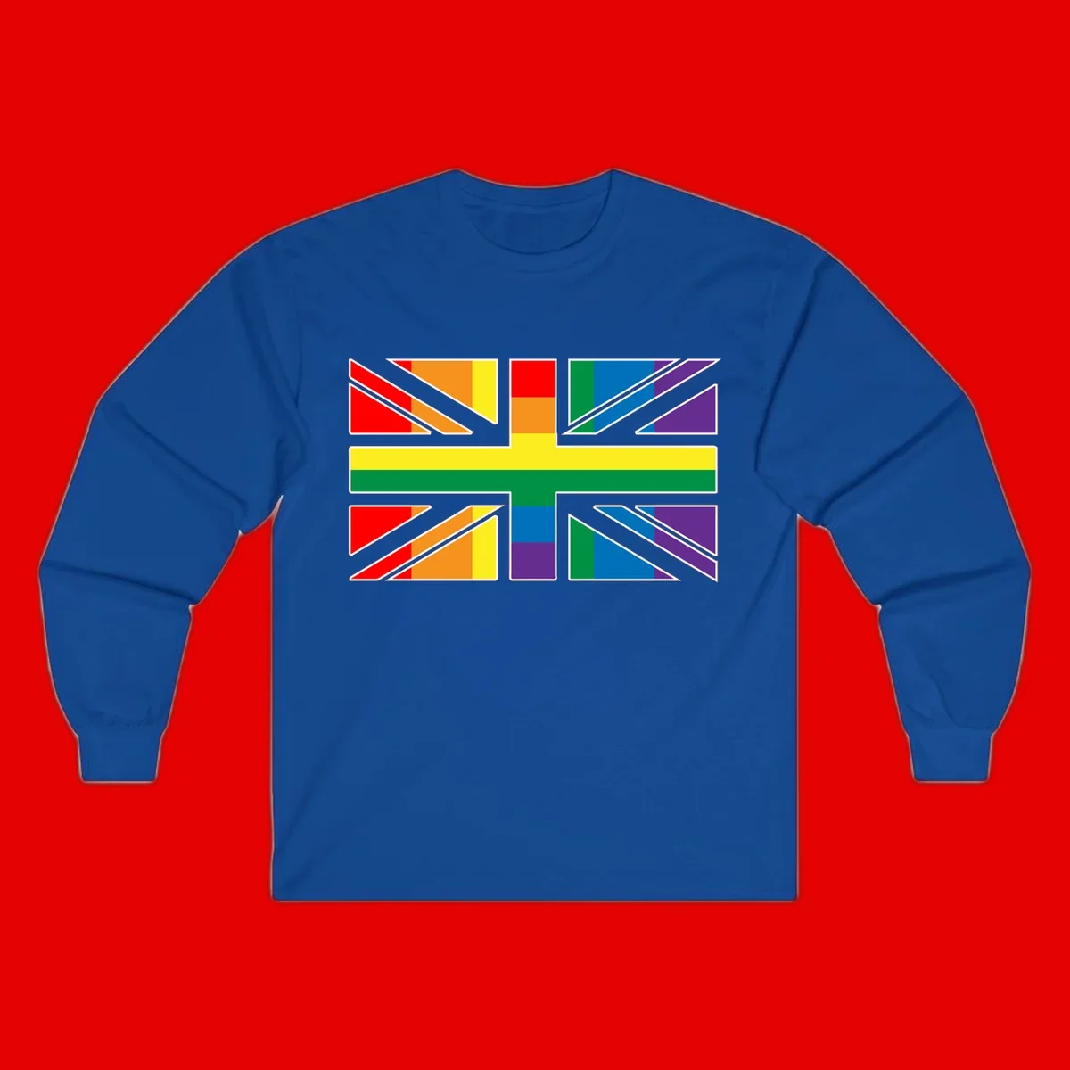 Pride geometric rainbow design with bold triangles and diagonal stripes in red, orange, yellow, green, blue, and purple
