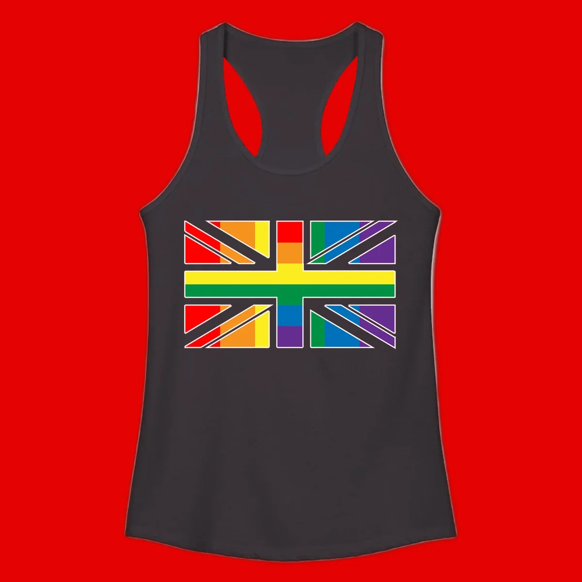 Pride geometric rainbow design with bold triangles and diagonal stripes in red, orange, yellow, green, blue, and purple