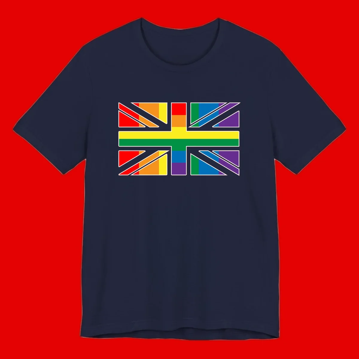 Pride geometric rainbow design with bold triangles and diagonal stripes in red, orange, yellow, green, blue, and purple