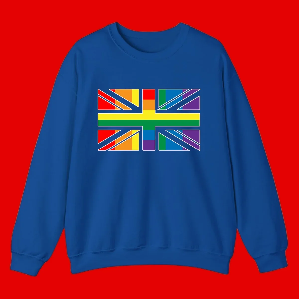 Pride geometric rainbow design with bold triangles and diagonal stripes in red, orange, yellow, green, blue, and purple
