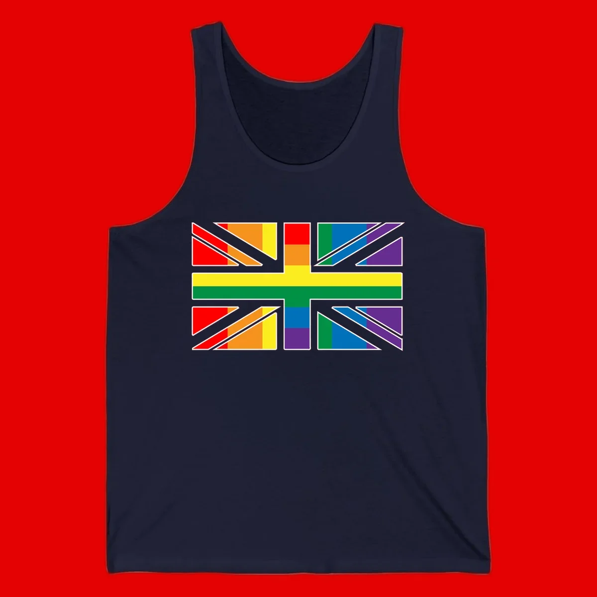Pride geometric rainbow design with bold triangles and diagonal stripes in red, orange, yellow, green, blue, and purple