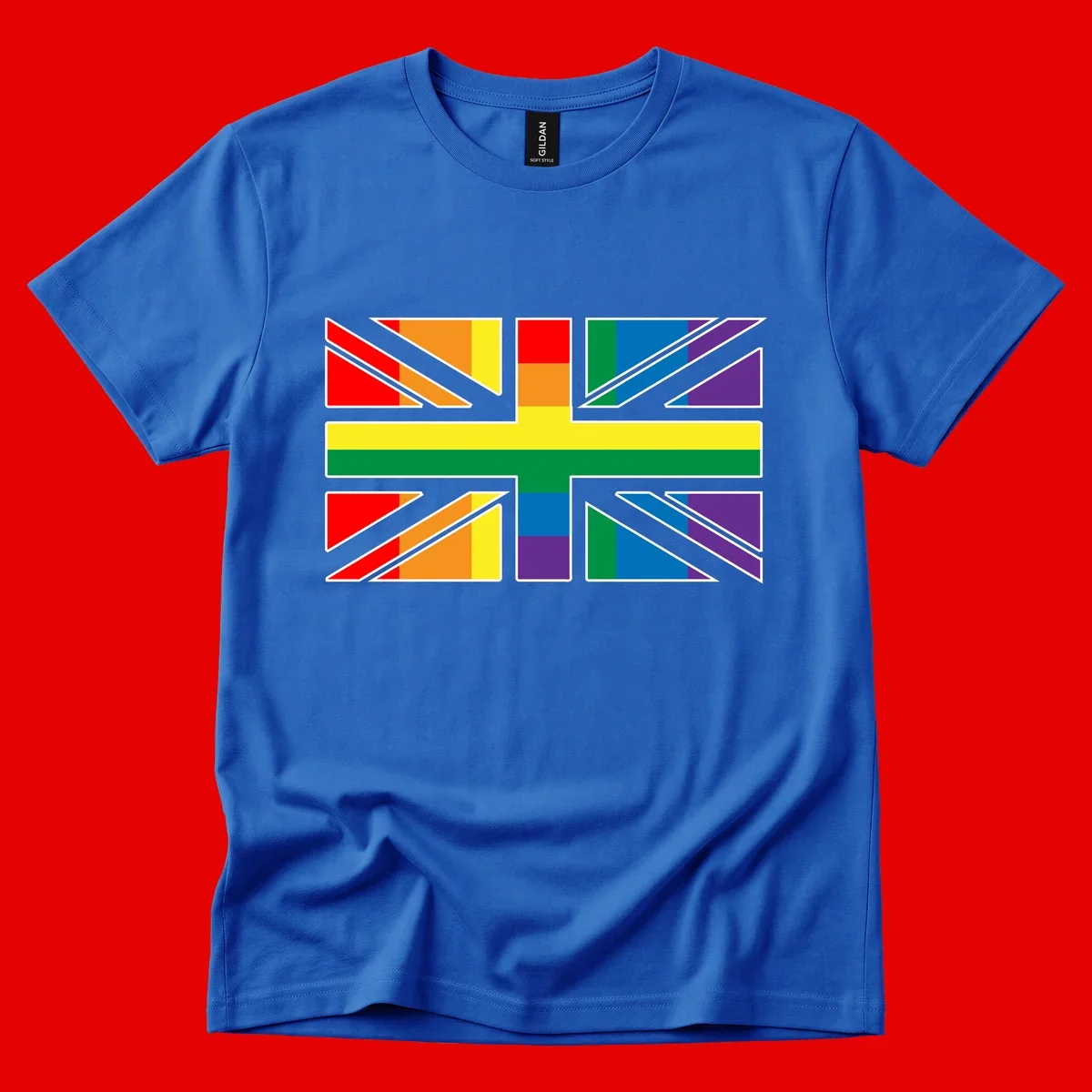Pride geometric rainbow design with bold triangles and diagonal stripes in red, orange, yellow, green, blue, and purple