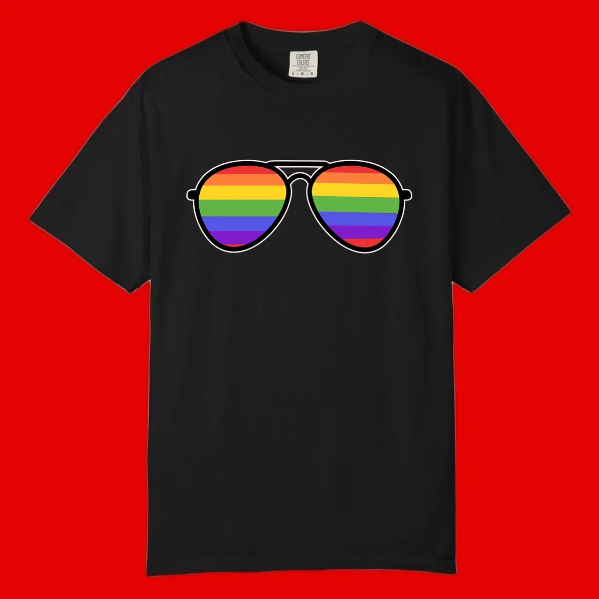 Pair of aviator sunglasses with rainbow-striped lenses in pride flag colors on gray background