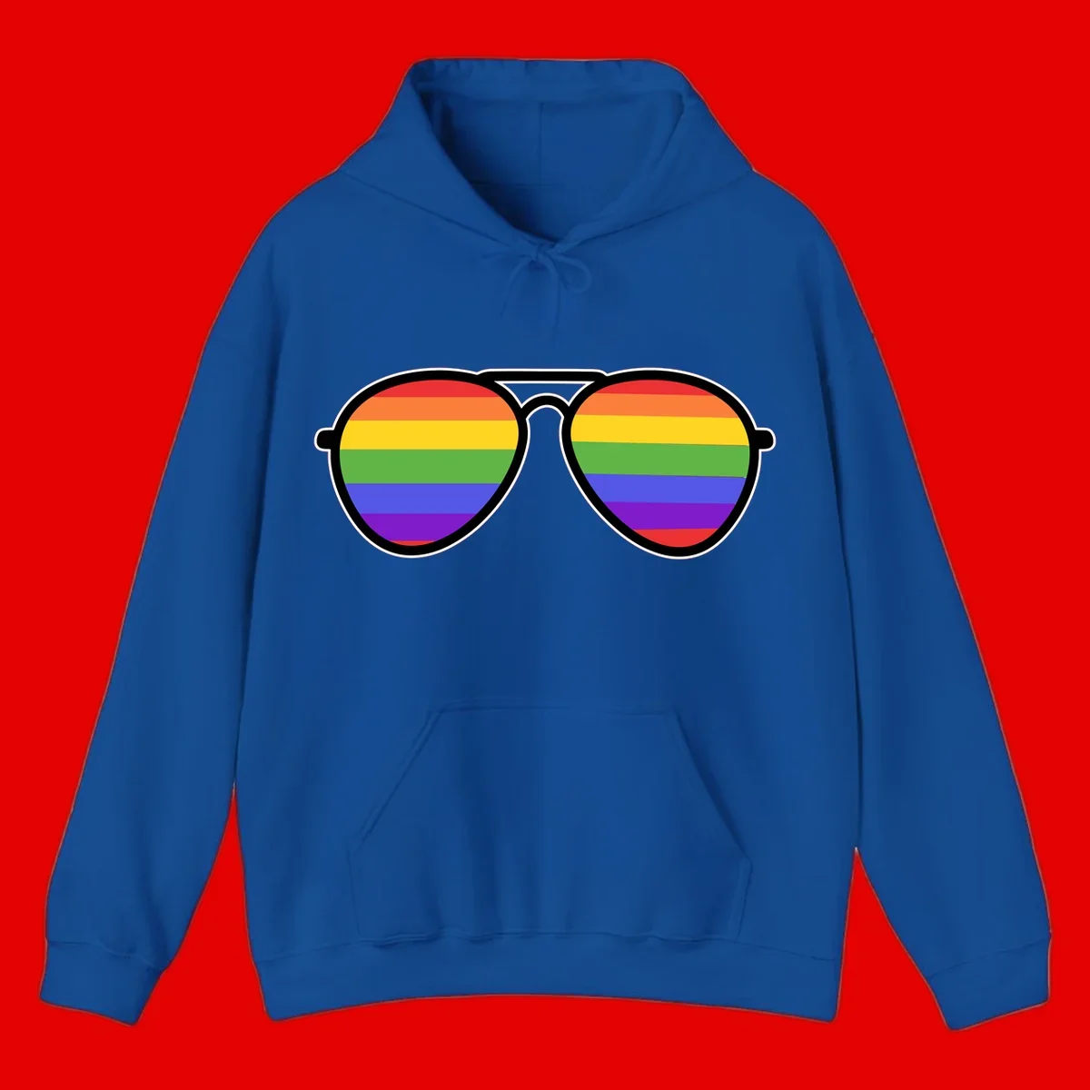 Pair of aviator sunglasses with rainbow-striped lenses in pride flag colors on gray background