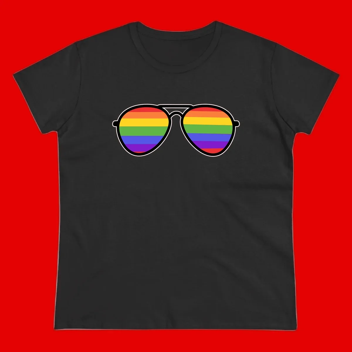 Pair of aviator sunglasses with rainbow-striped lenses in pride flag colors on gray background