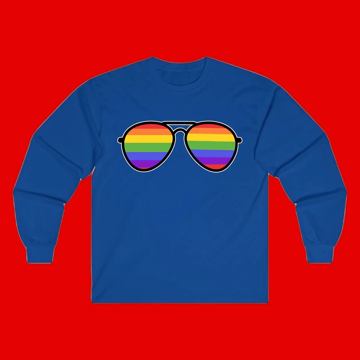 Pair of aviator sunglasses with rainbow-striped lenses in pride flag colors on gray background