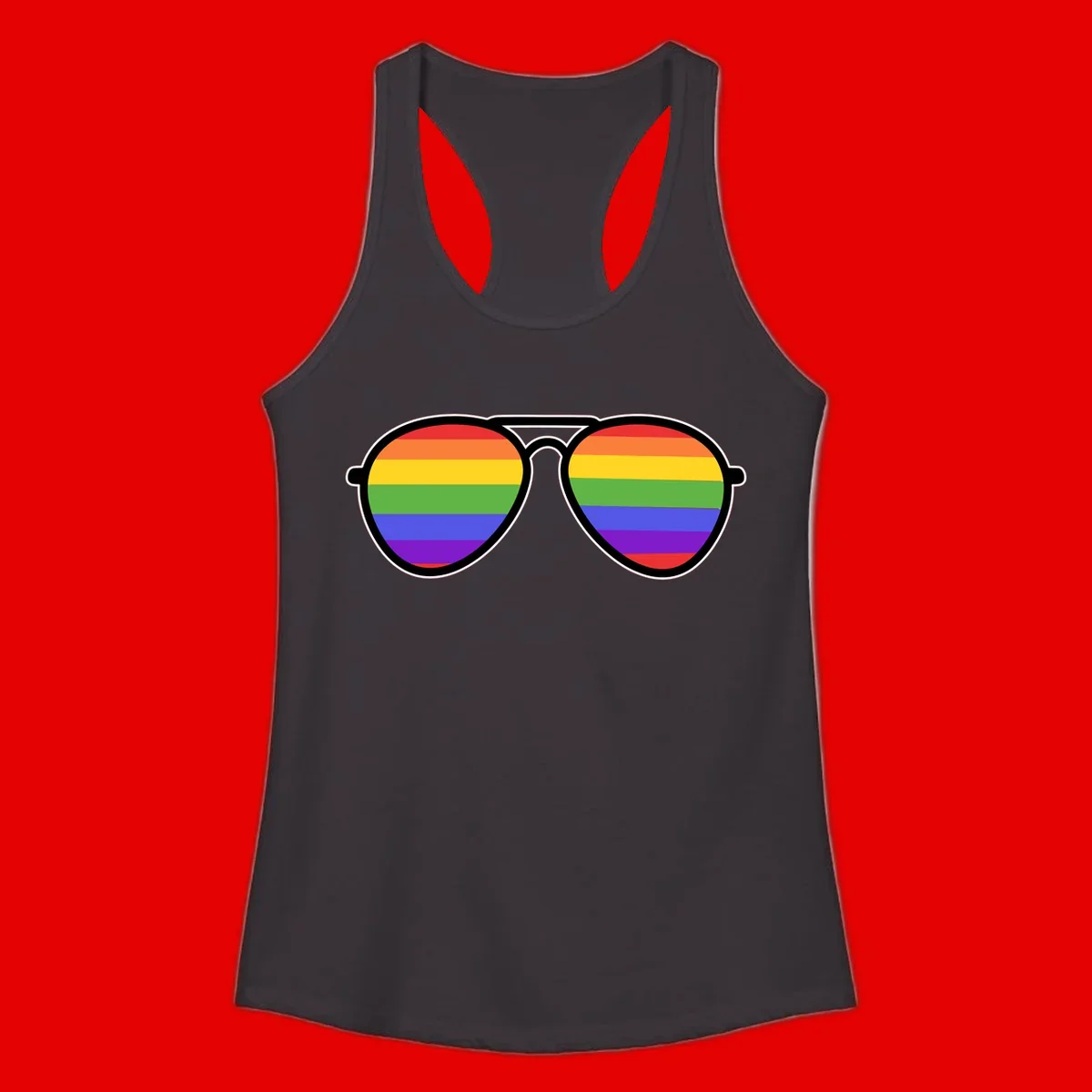 Pair of aviator sunglasses with rainbow-striped lenses in pride flag colors on gray background