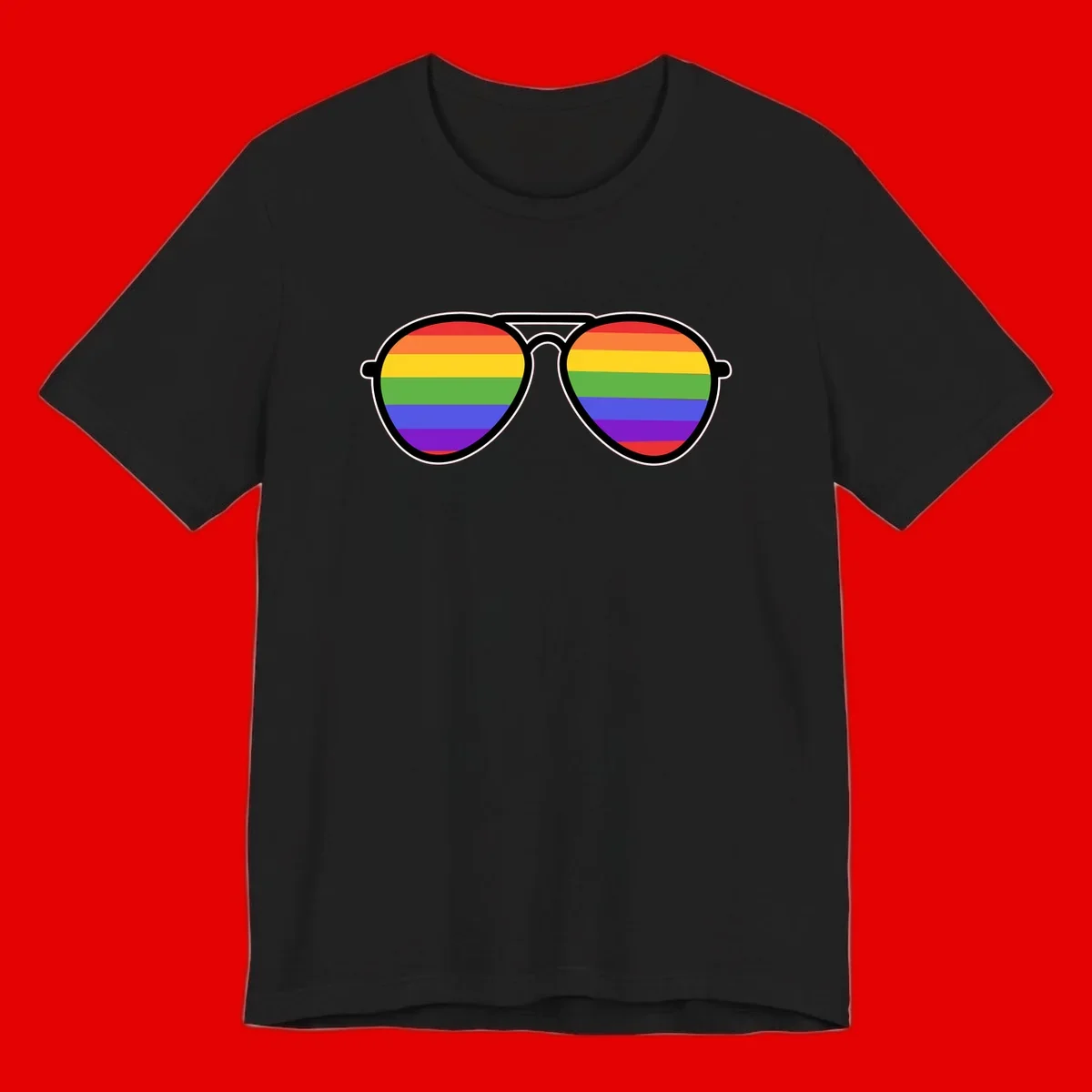 Pair of aviator sunglasses with rainbow-striped lenses in pride flag colors on gray background