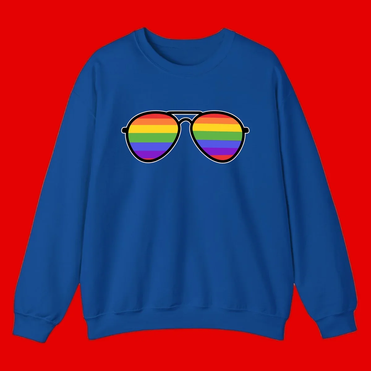 Pair of aviator sunglasses with rainbow-striped lenses in pride flag colors on gray background