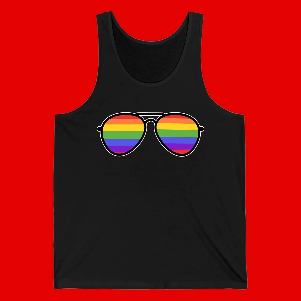 Pair of aviator sunglasses with rainbow-striped lenses in pride flag colors on gray background