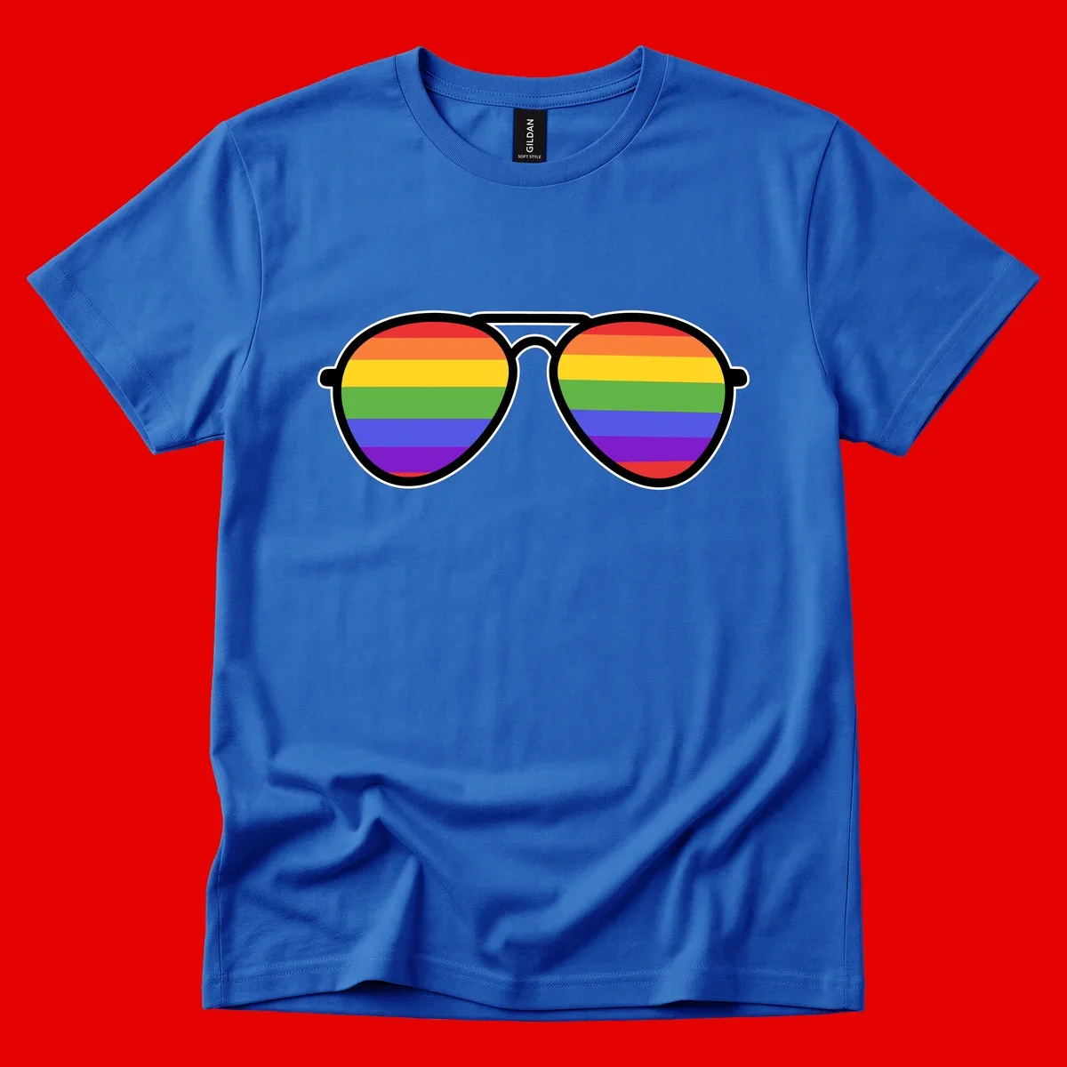 Pair of aviator sunglasses with rainbow-striped lenses in pride flag colors on gray background
