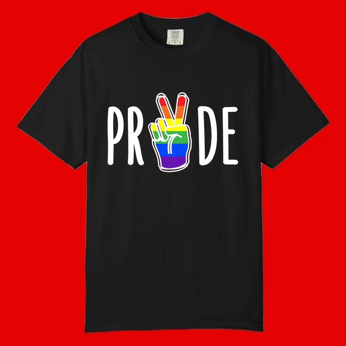 Pride peace hand rainbow design with colorful peace gesture and PRIDE text