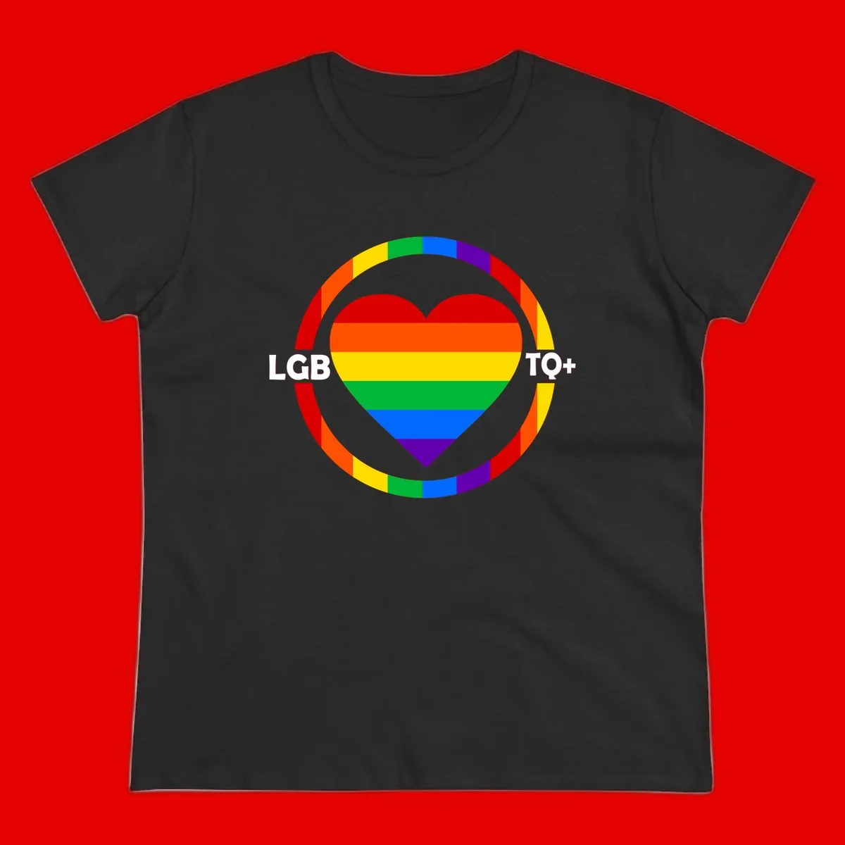 Rainbow heart with LGB TO+ text in concentric pride circles on gray background