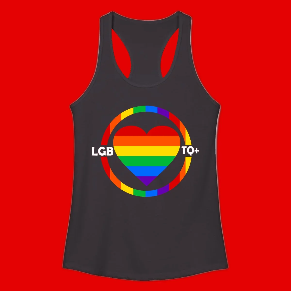 Rainbow heart with LGB TO+ text in concentric pride circles on gray background