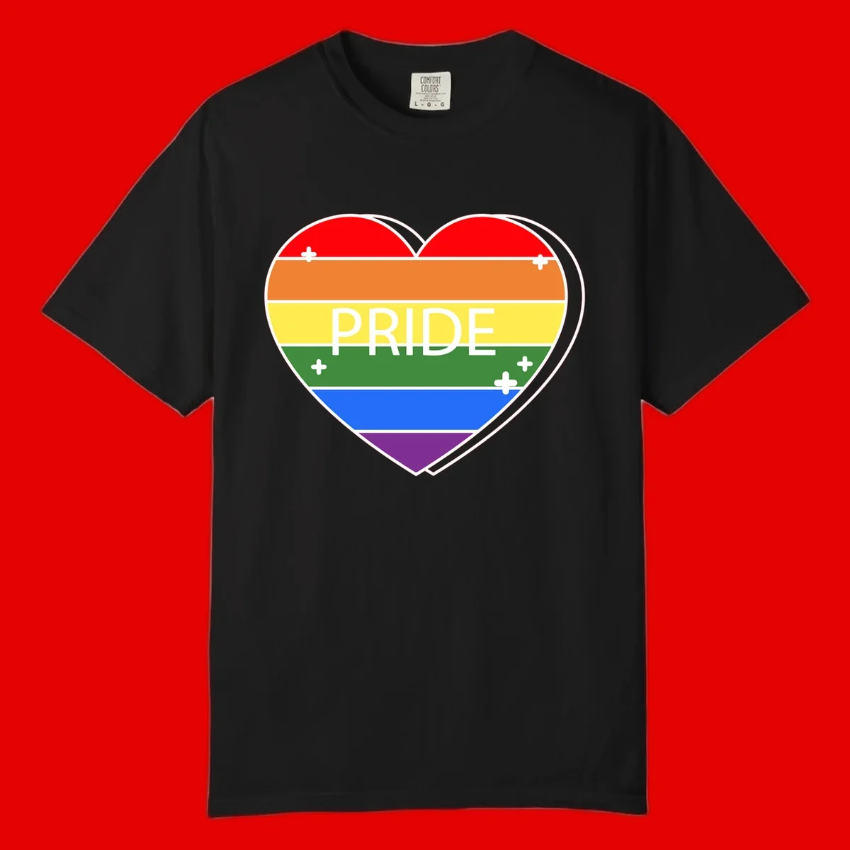 Rainbow pride heart with horizontal stripes and white 'PRIDE' text, featuring scattered plus signs and bold outline