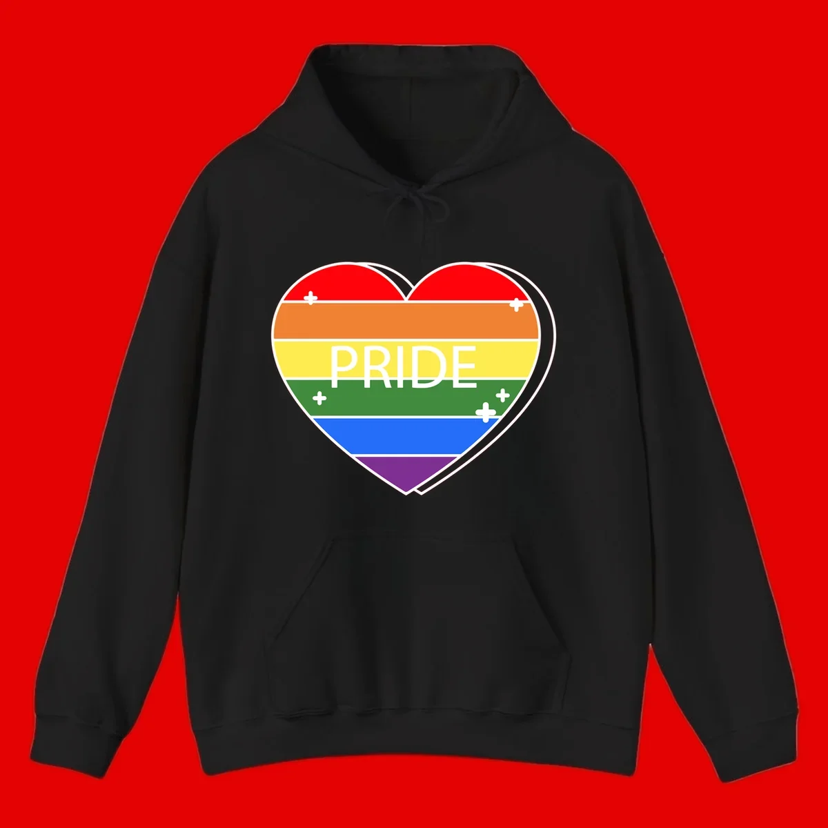 Rainbow pride heart with horizontal stripes and white 'PRIDE' text, featuring scattered plus signs and bold outline