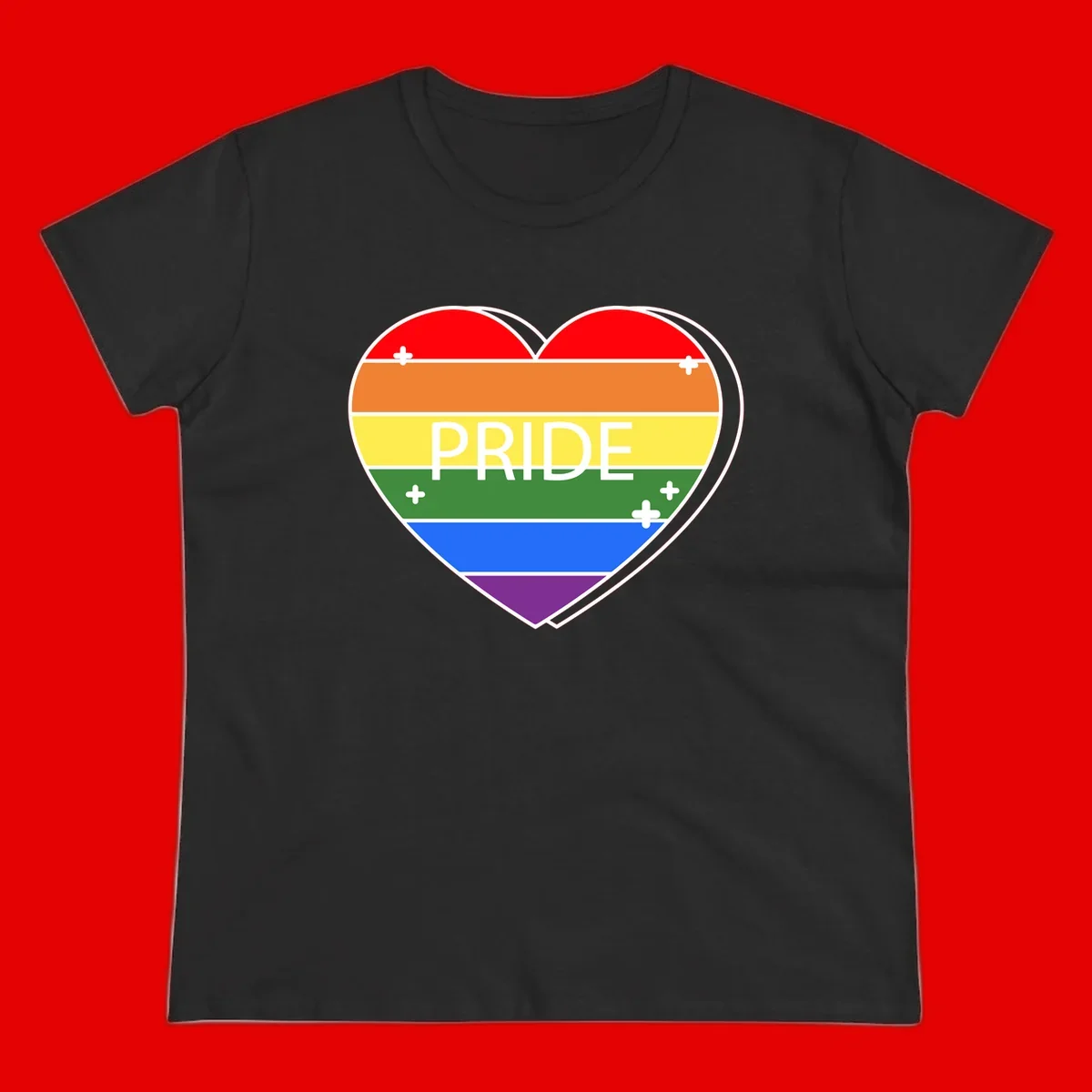 Rainbow pride heart with horizontal stripes and white 'PRIDE' text, featuring scattered plus signs and bold outline